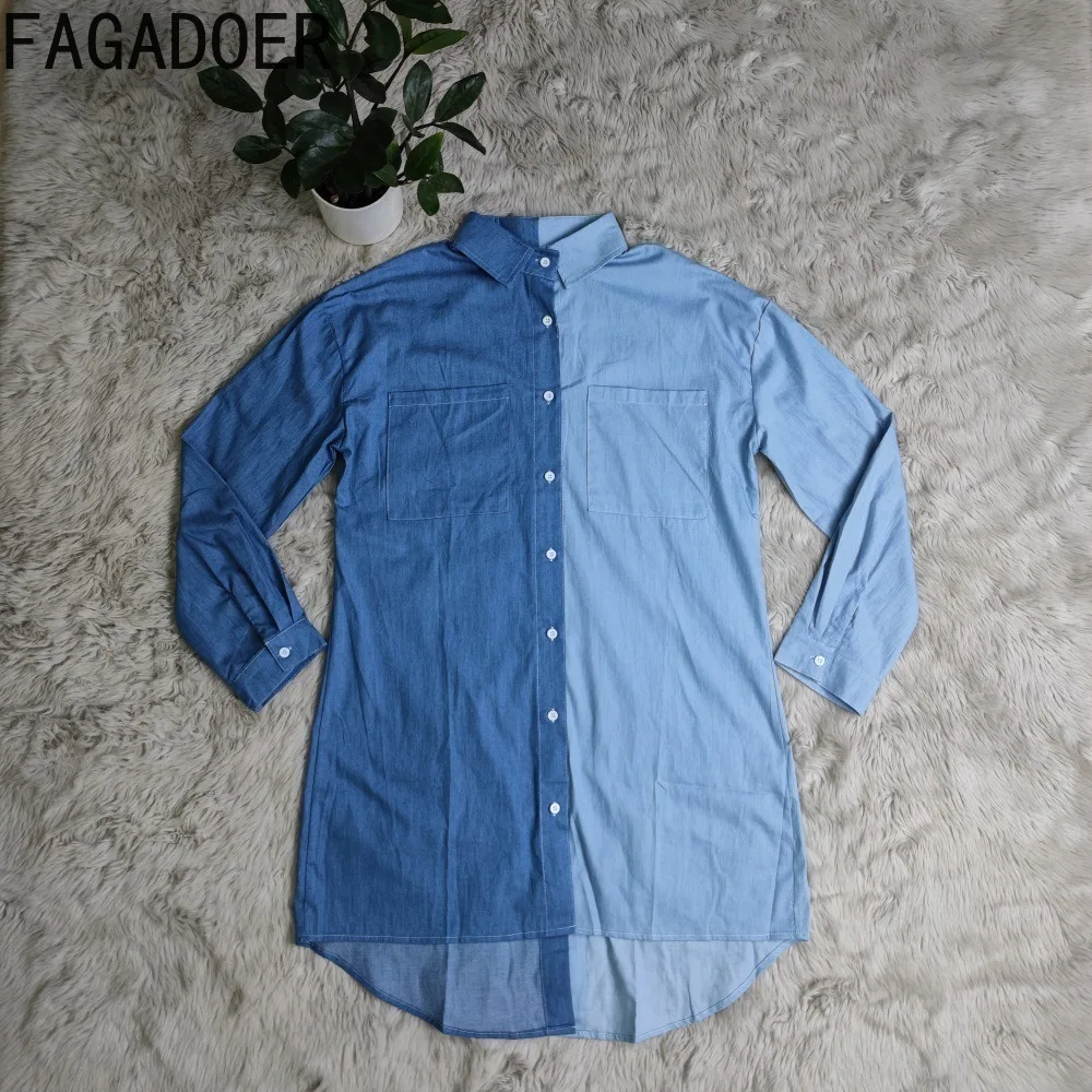 FAGADOER Fashion Denim Splicing Turndown Collar Button Shirt Dresses Women Long Sleeve Loose Irregular Vestidos Female Clothing