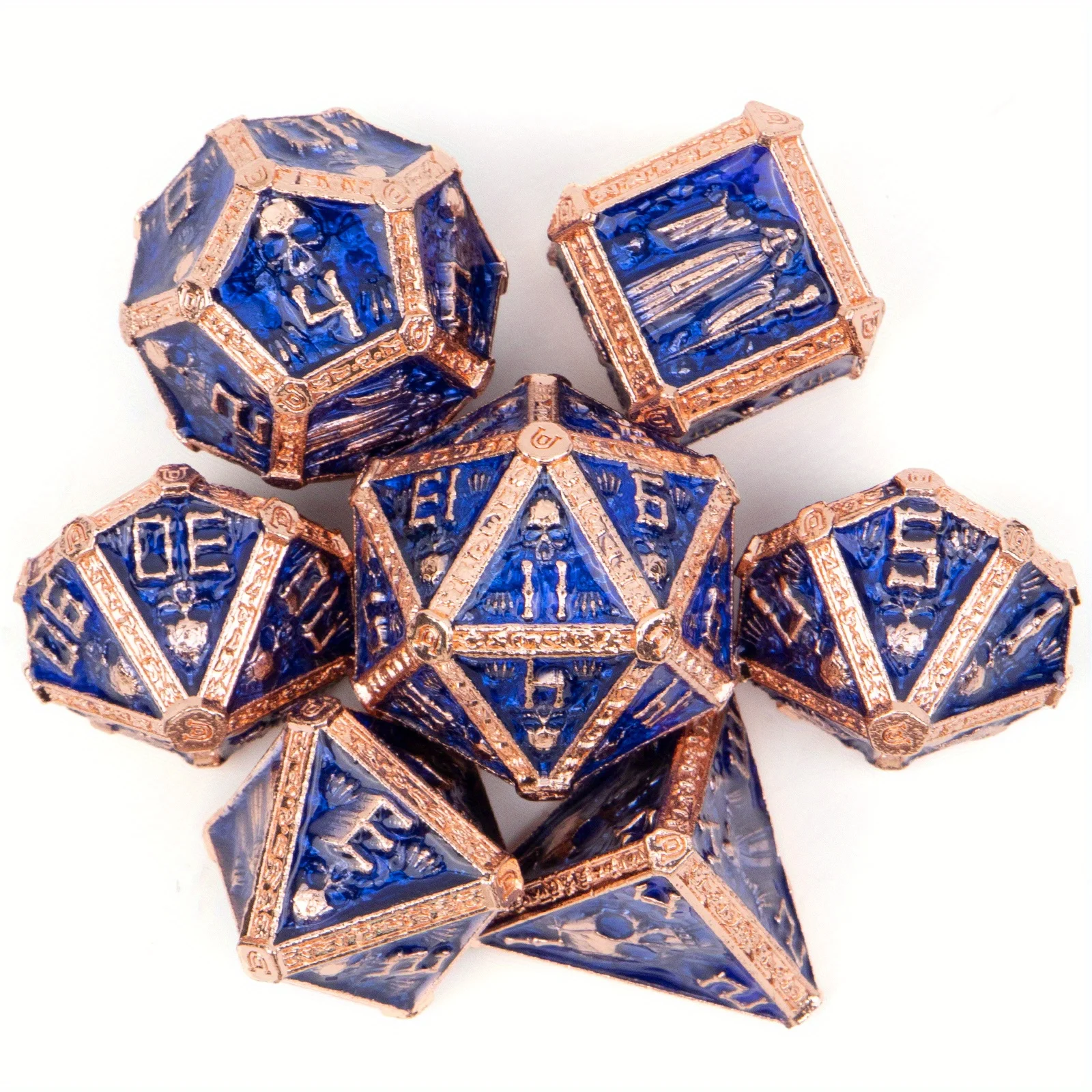 

7 Pcs Blue Golden Skull Metal Dice Solid Metal Polyhedral Dice Set Suitable for Role-Playing RPG Board Game Card Game
