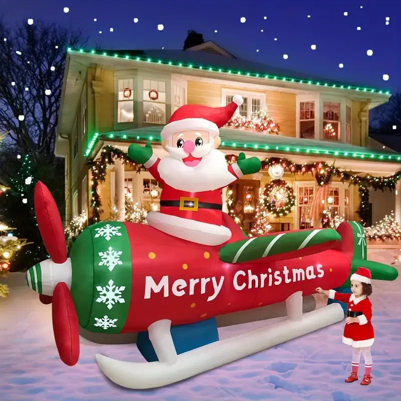 

2.7M/9FT Christmas Ornament Inflatable Model Santa Plane Built-in LED Lights Xmas Party Indoor Outdoor Garden Props Decoration
