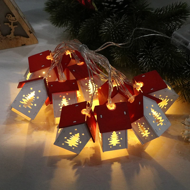 1Pcs Świąteczny drewniany domek LED String Light Xmas Tree Hanging Ornament Decoration New Year Gift