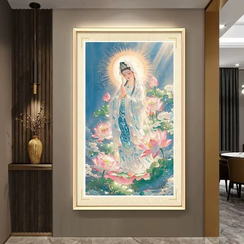 9ct 60x95cm Guanyin Buddha Embroidery DIY Chinese Style Printed Kits Cross Stitch Needlework Set Home Decor Crafts