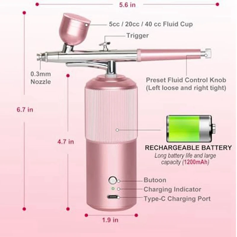 ชุด Airbrush-มือถือ kompresor Airbrush ไร้สายสีชมพูอัตโนมัติสำหรับเล็บ, เครื่องสำอาง, ตกแต่งเค้ก