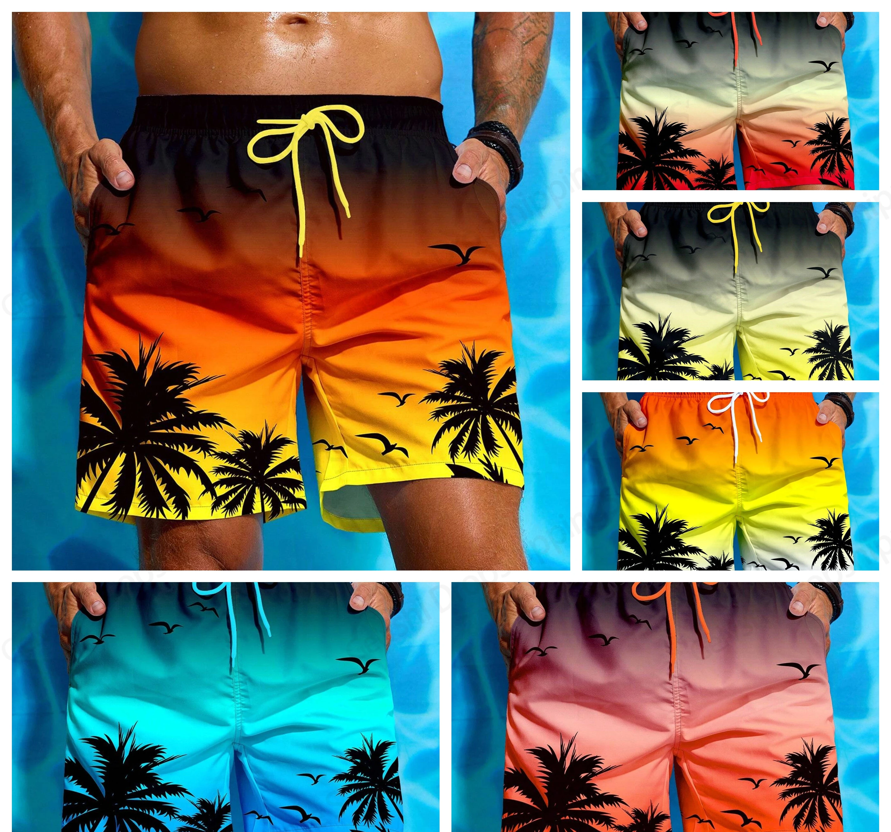 Summer Men\'s Swimwear Shorts Palm Tree Print Board Shorts Beach Sexy Trunks Men Swimsuit Surf Board Short Sports Pants Brief Boy