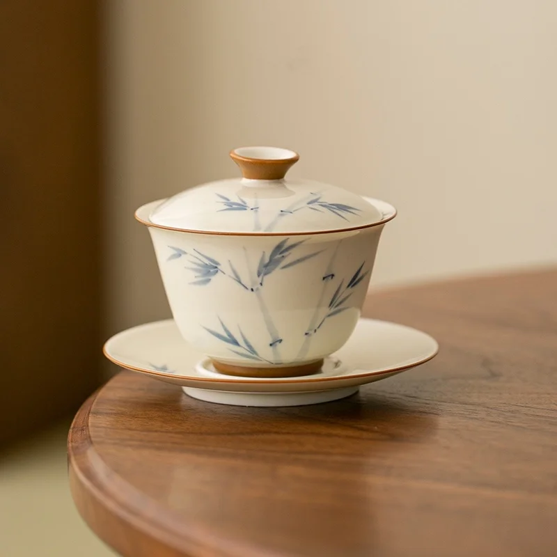 120ml Hand-painted Persimmon Bamboo Cover Bowl Household Anti Scald Gaiwan Handmade Tea Tureen Tea Making Tea Cup Tea Items