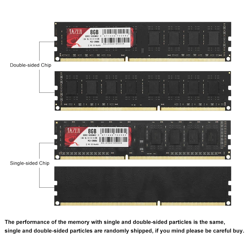 Jazer Memoria rams DDR3 1600MHz mới DIMM 1.5V Máy tính để bàn Bộ nhớ tương thích AMD và Intel