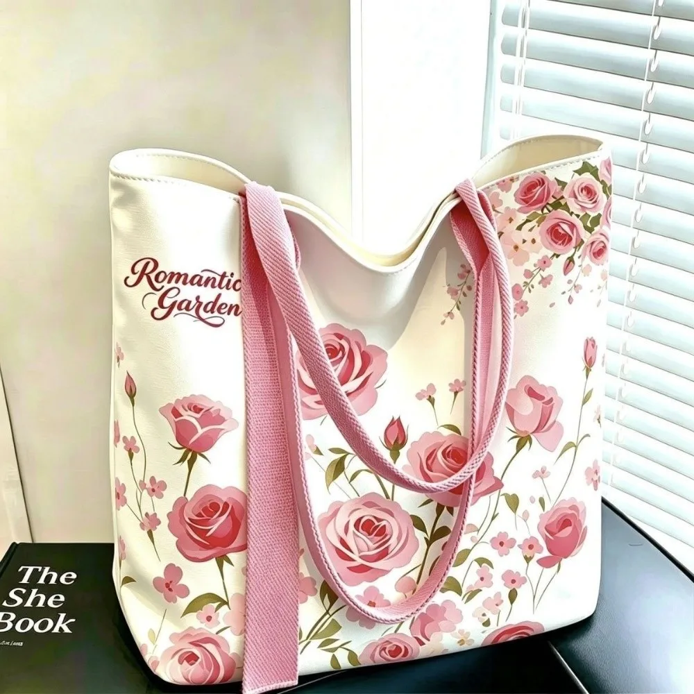 Portable Floral Canvas Tote Bag Large Capacity Lightweight Shoulder Bag Reusable Shopping Bag For Work