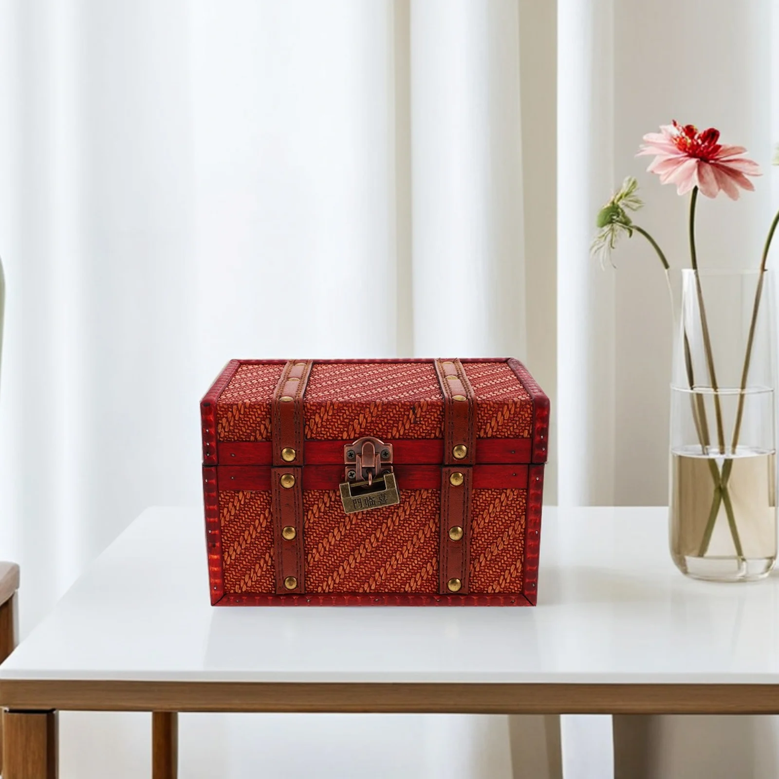 

Деревянный винтажный сундук с сокровищами, шкатулка для драгоценностей, декоративный органайзер, настольное хранилище, тканая текстура, держатель для безделушек на память