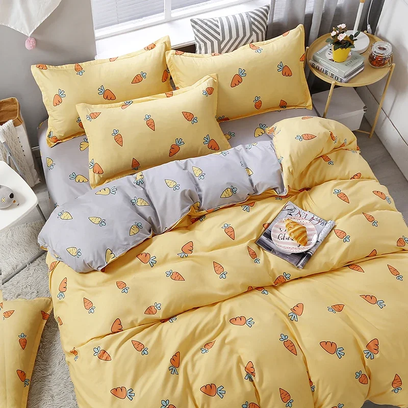 150/180/200/220CM Carrots Print Yellow Polyester Bed Sheet Duvet Cover Pillowcase Four-piece Spring Autumn Bedding Set M041-4