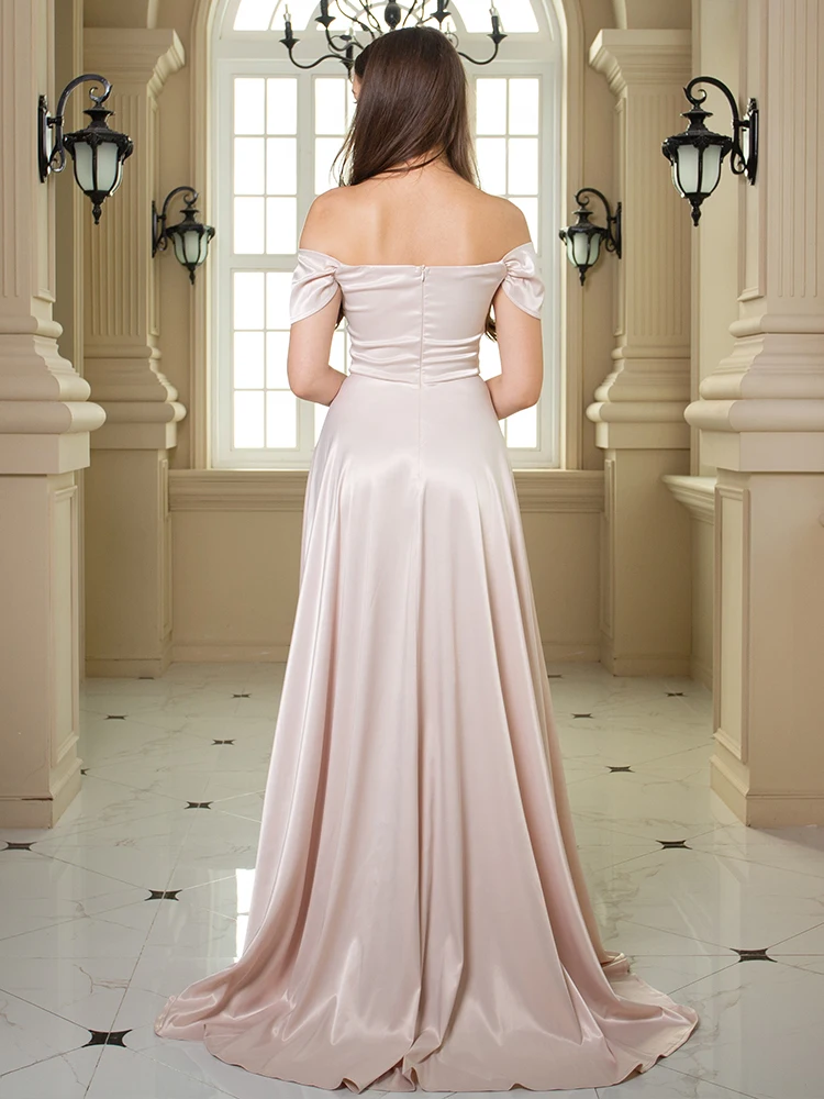 Vestido largo de satén liso con hombros descubiertos, maxivestido elástico con cuello de barco, abertura frontal fruncida, vestido de baile largo para fiesta de noche y boda