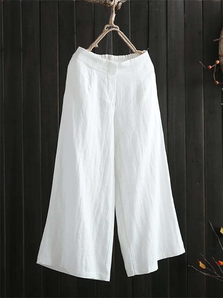 Pantalones de pierna ancha de lino de algodón para mujer, sueltos, talla grande, cintura elástica, color retro, bordado, drapeado, lino informal, nueve puntos...