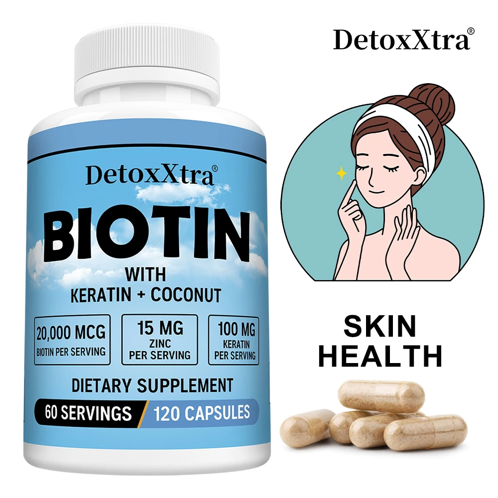 Biotin 20,000mcg with Keratin, Coconut and Zinc, Biotin Supplement for Women and Men, 120 Veggie Capsules, Skin Health