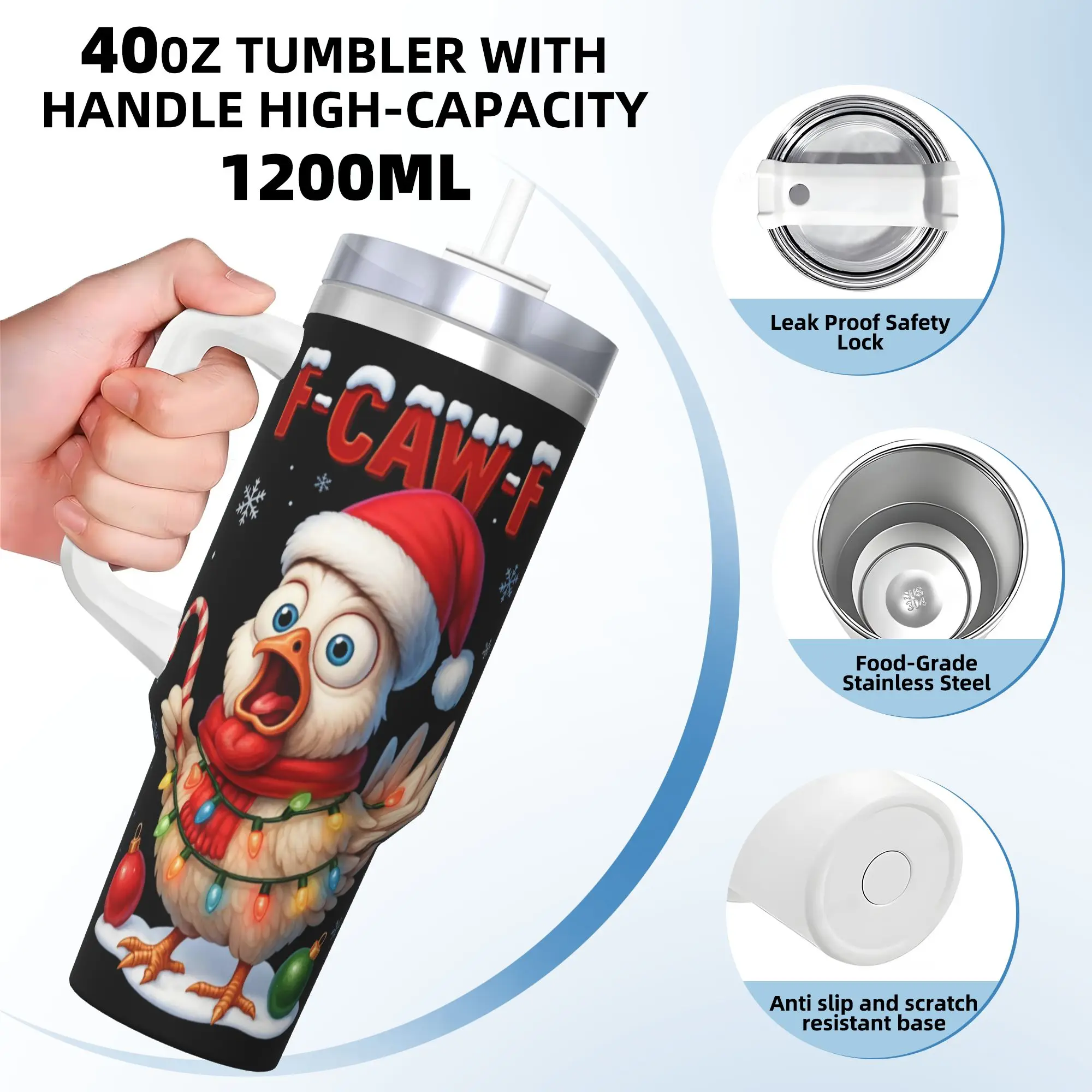 F CAW F عيد الميلاد الدجاج بهلوان من الفولاذ المقاوم للصدأ كوب قهوة للسفر مع القش وغطاء 40 أوقية أكواب كوب المشروبات الساخنة زجاجة ماء