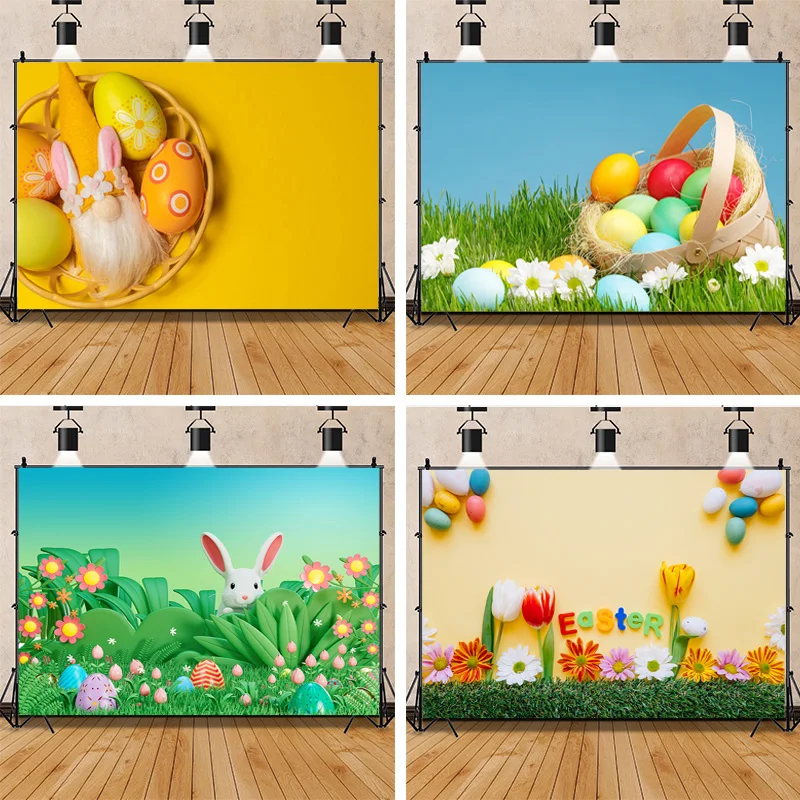 

ZHISUXI Colorful Easter Scene Background Spring Eggs And The Cute Rabbits On The Grass Photography Backdrops Props FE-01