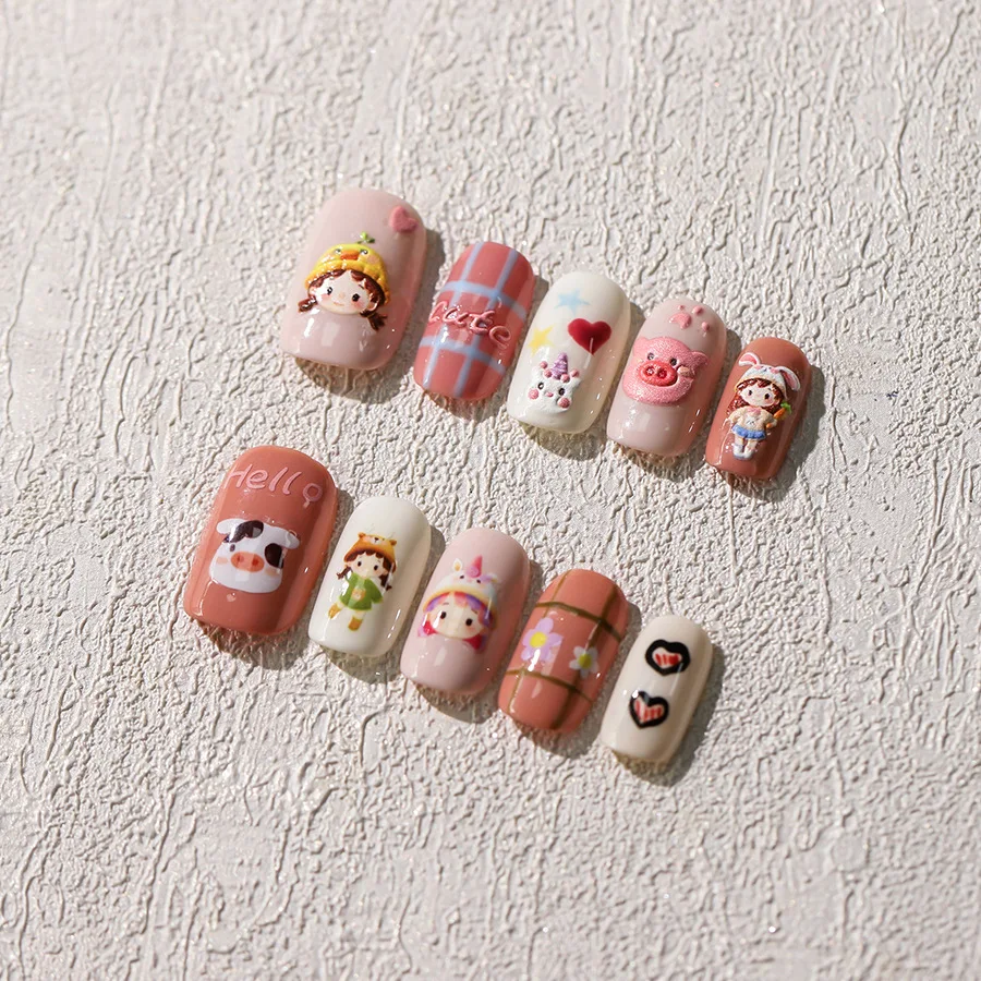 Lovely Cartoon Girls Rabbit Pig Cow 5D Embossed Reliefs Self Adhesive Nail Art Sticker Cute Animals 3D Manicure Decals Wholesale