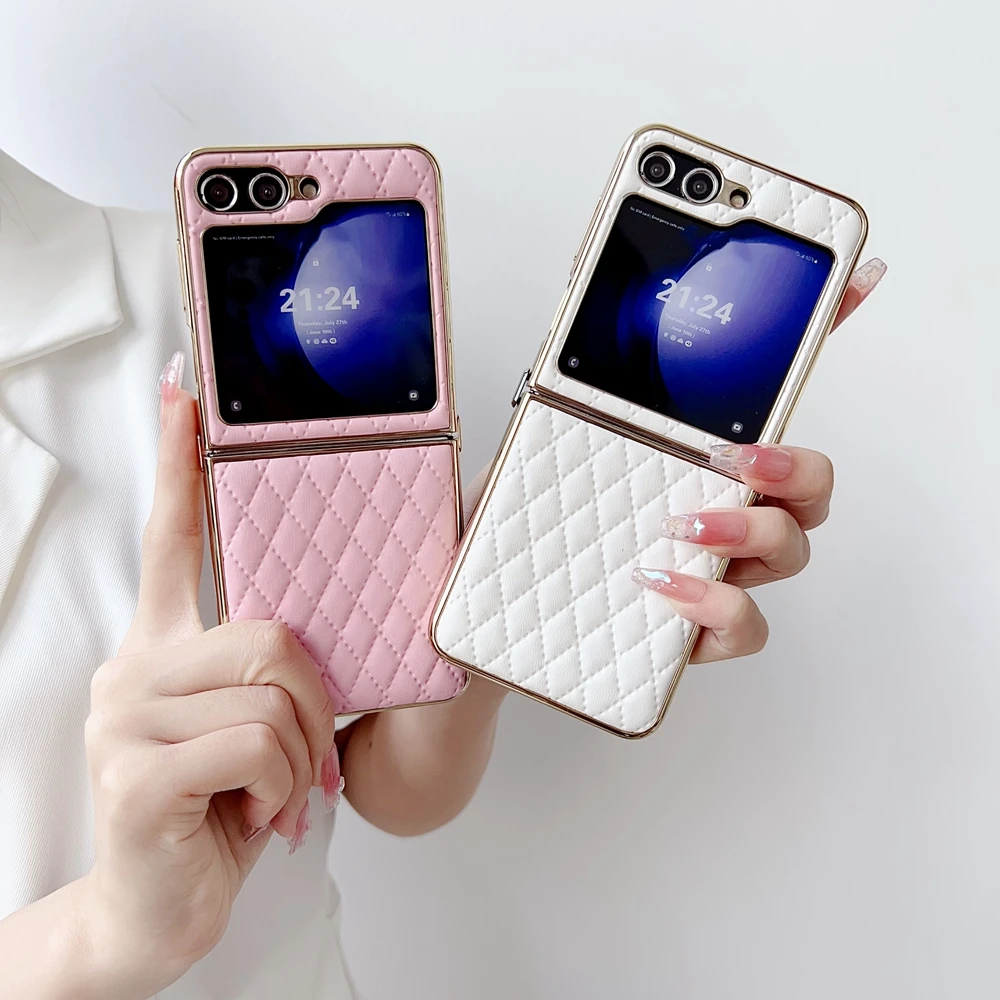 

Applicable For Samsung Galaxy Z flip 3/4/5 Z flip 6 Leather Small Aroma Electroplated Folding Screen All-inclusive Phone Case