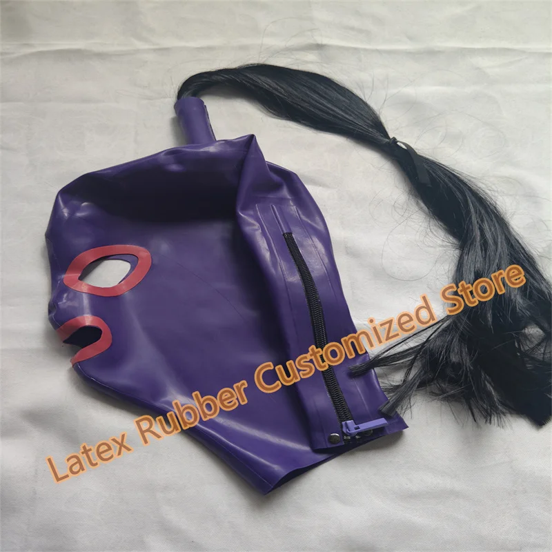 

Latex Mask Rubber Unisex Hood with Wig Purple with Red Trim Rubber Fetish Mask Latex Headgear Sexy Cosplay Accessaries