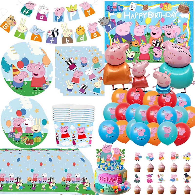Artículos de Fiesta de Cumpleaños con Temática de Peppa Pig, Juego de Vajilla de George Page, Globos, Platos, Vasos, Mantel para Decoración de Baby Shower