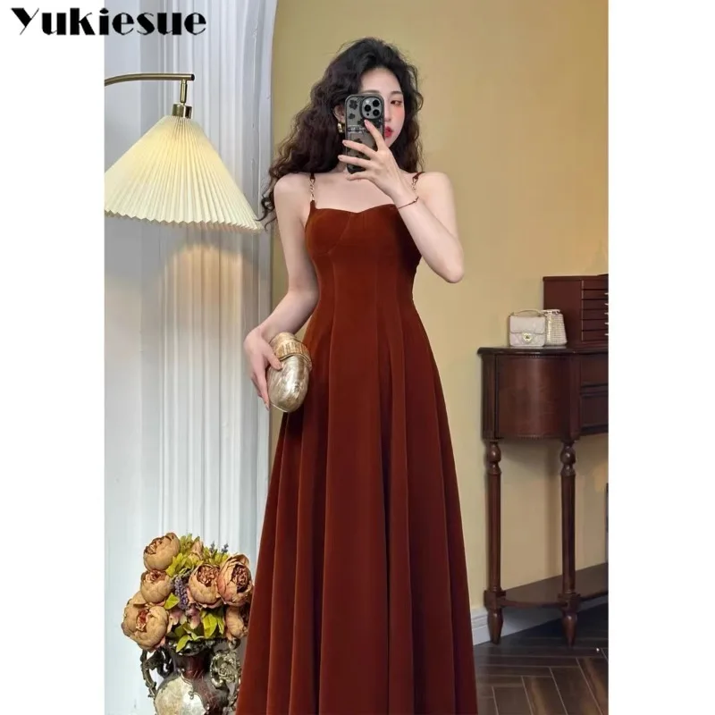 Retro Elegant Dress Slim Midi Solid Spaghetti Strap 2023 New Autumn Winter Dress Elegant Dress for Women Sleeveless French Style