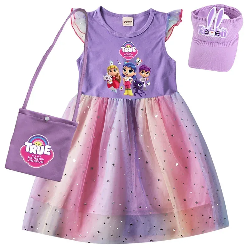 

72th Anime Cosplay True Rainbow Kingdom Princess Girls Dresses Children Vestido Cute T Shirt Gauze Mesh Dress bag with Cap Kids