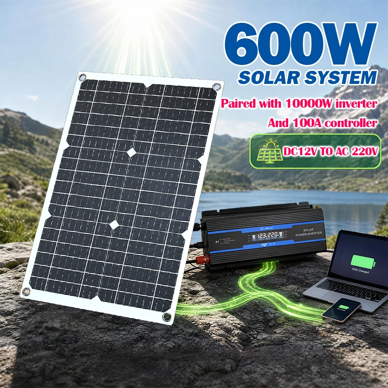 Off-Grid Solar Power System 600W Flexible Solar Panel +10000W Inverter +100A Controller DC12V Convert To AC220V for Outdoor Home