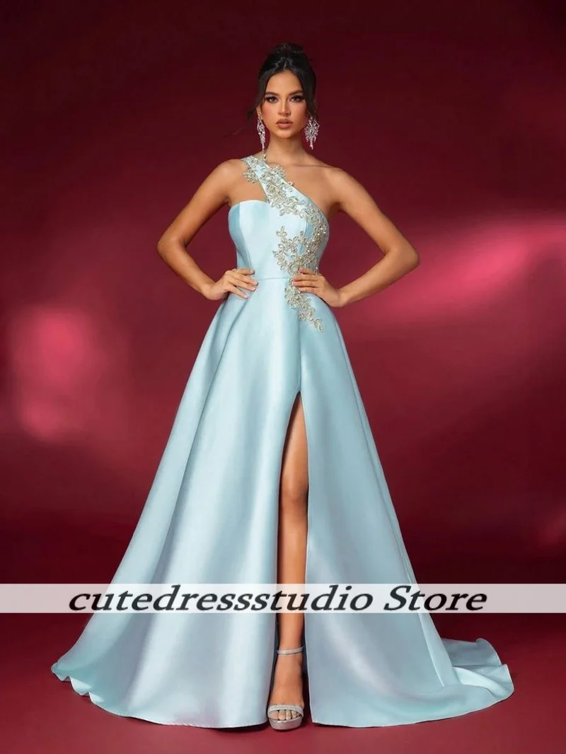 Saudi Arabic Light Blue Satin Evening Dresses For Women Long High Split A-Line Prom Dress Applique Wedding Party Gown Customized