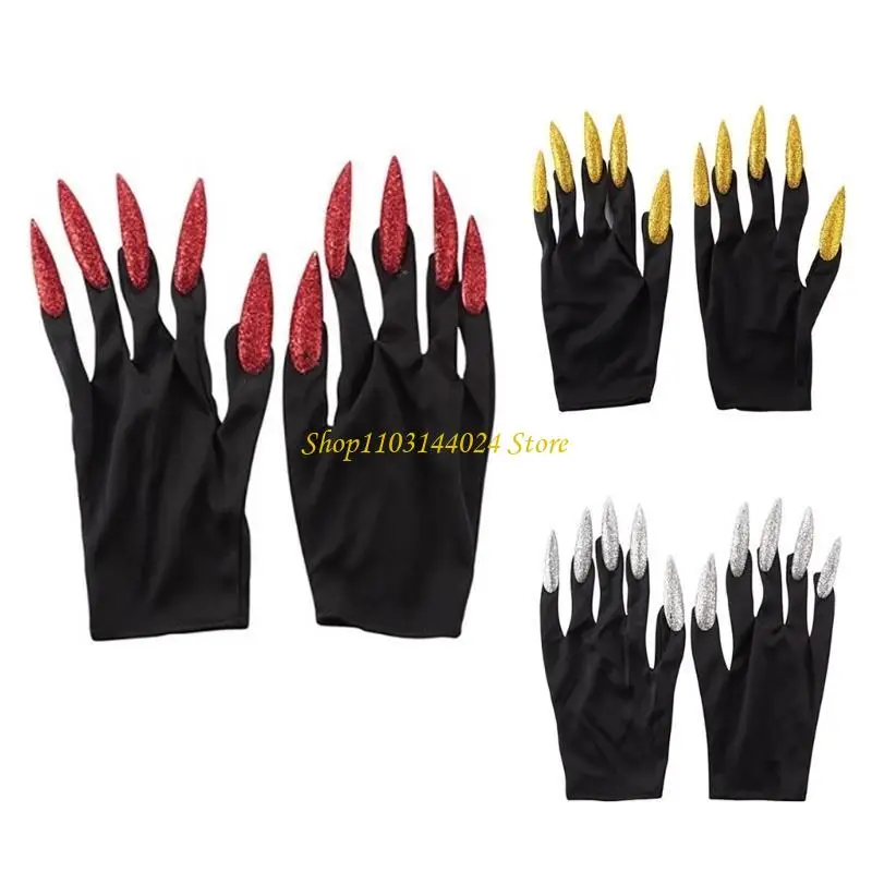 Luvas garra lobo horrível para crianças, halloween, palhaço, festas temáticas, unhas escuras, luvas com glitter