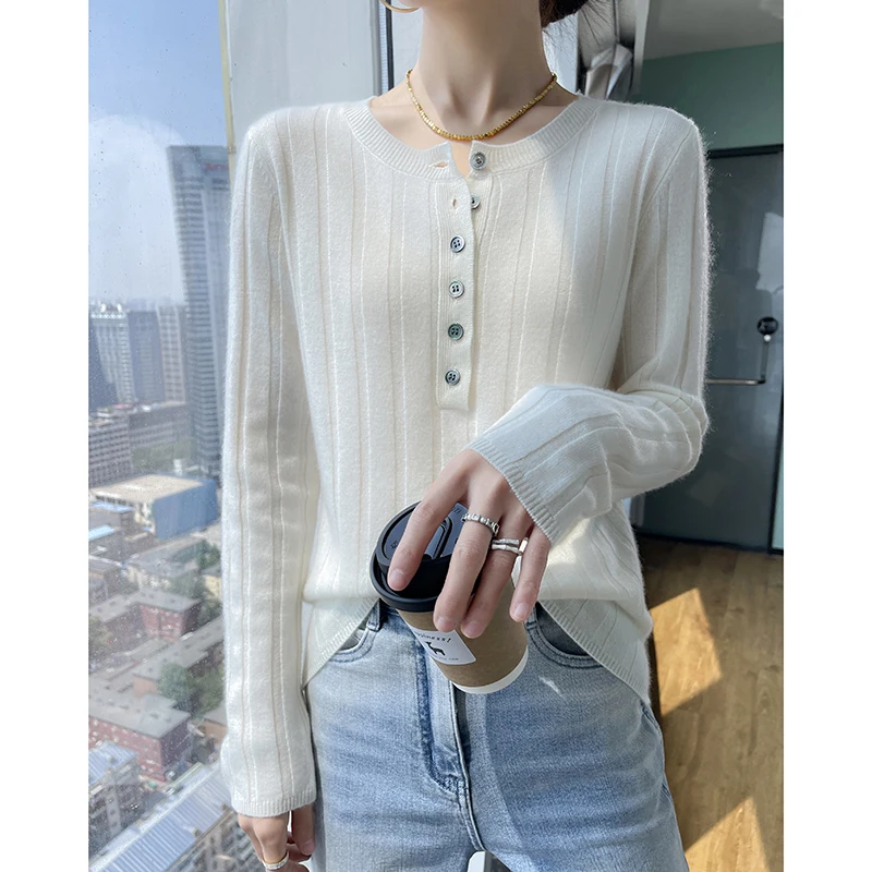 Women's Autumn Winter Long Sleeved Warm And Thickened High-Quality Solid Round Neck Jumper 100%Merino Wool Pullover Knit Sweater