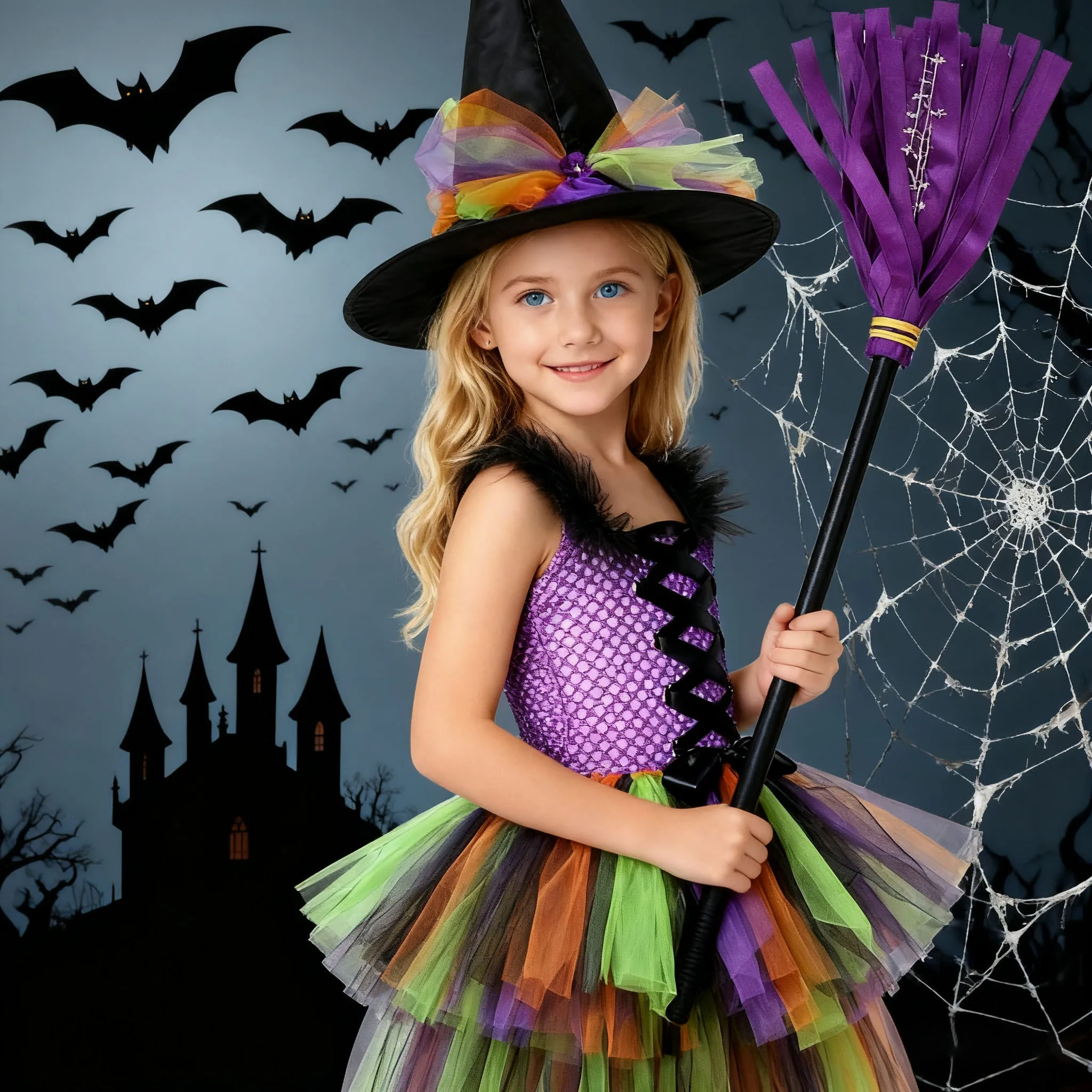 

Kids Halloween Witch Girls Dresses Colorful Mesh Children's Carnival Party Set With Hat Broom High-Low Long Costumes For Girls