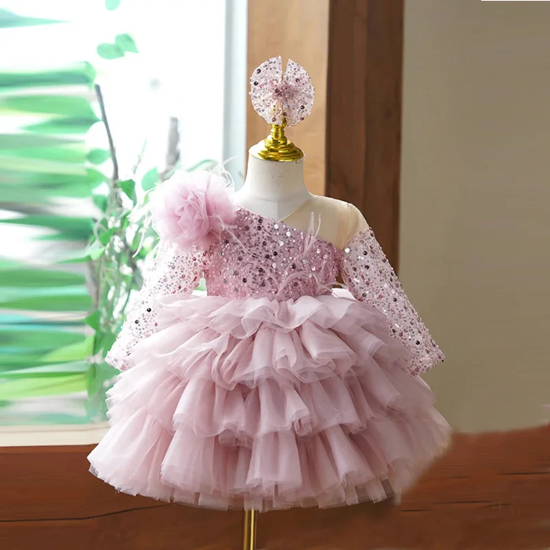 

Girls Princess Pink Sequin feather luxury Children Bow tutu Wedding Gown Sleeveless Kids Dresses baby infant Birthday Party Dres