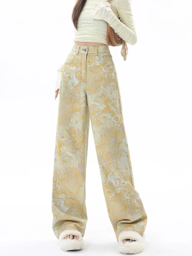 2024 Tie-dye Printed Yellow Jeans Women High Waist Loose Wide Leg Denim Pants Spring Trousers Jean Pantalones P101