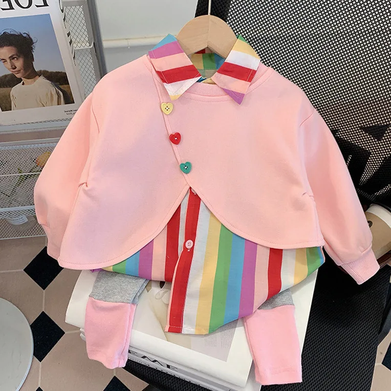 Spring Autumn 2025 Children Girls 2PCS Clothes Set Colorful Collar Kid Girls Shirt Spliced Cotton Baby Girls Leggings Sweet Suit