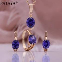 PATAYA New Purple Round Cubic Zircon Women Drop Sets 585 Rose Gold Color Dangle Earrings Gift Fine Fashion Jewelry Set