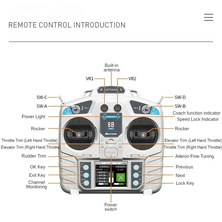 Microzone-transmisor y receptor de Control remoto Mc8b, sistema de Radio para avión, helicóptero de ala fija, Uav, 2,4g, 8 canales