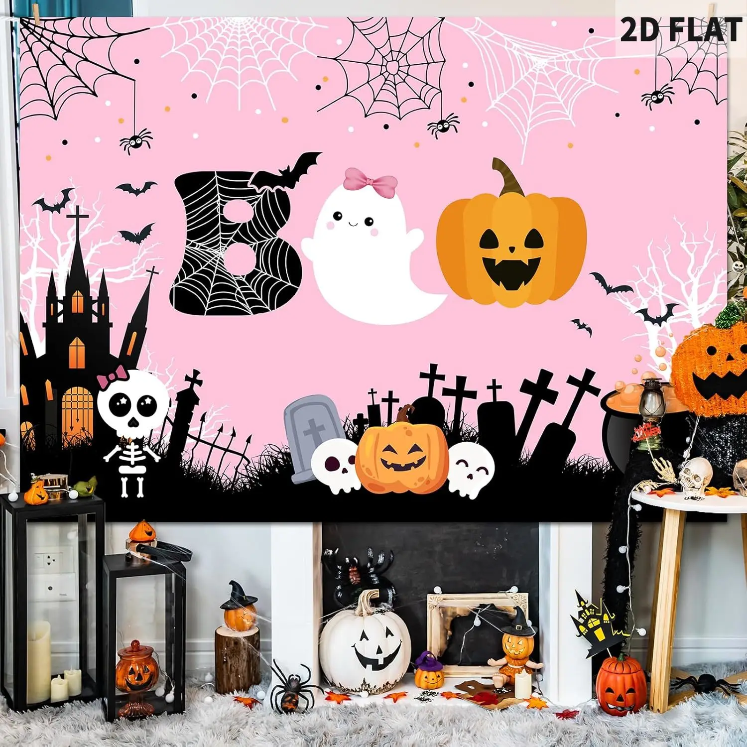 

2d flat Halloween Boo Studio Backdrop, 150x210cm Cute Spooky Ghost Pumpkin Trick or Treat Background Pink Little Boo Shower