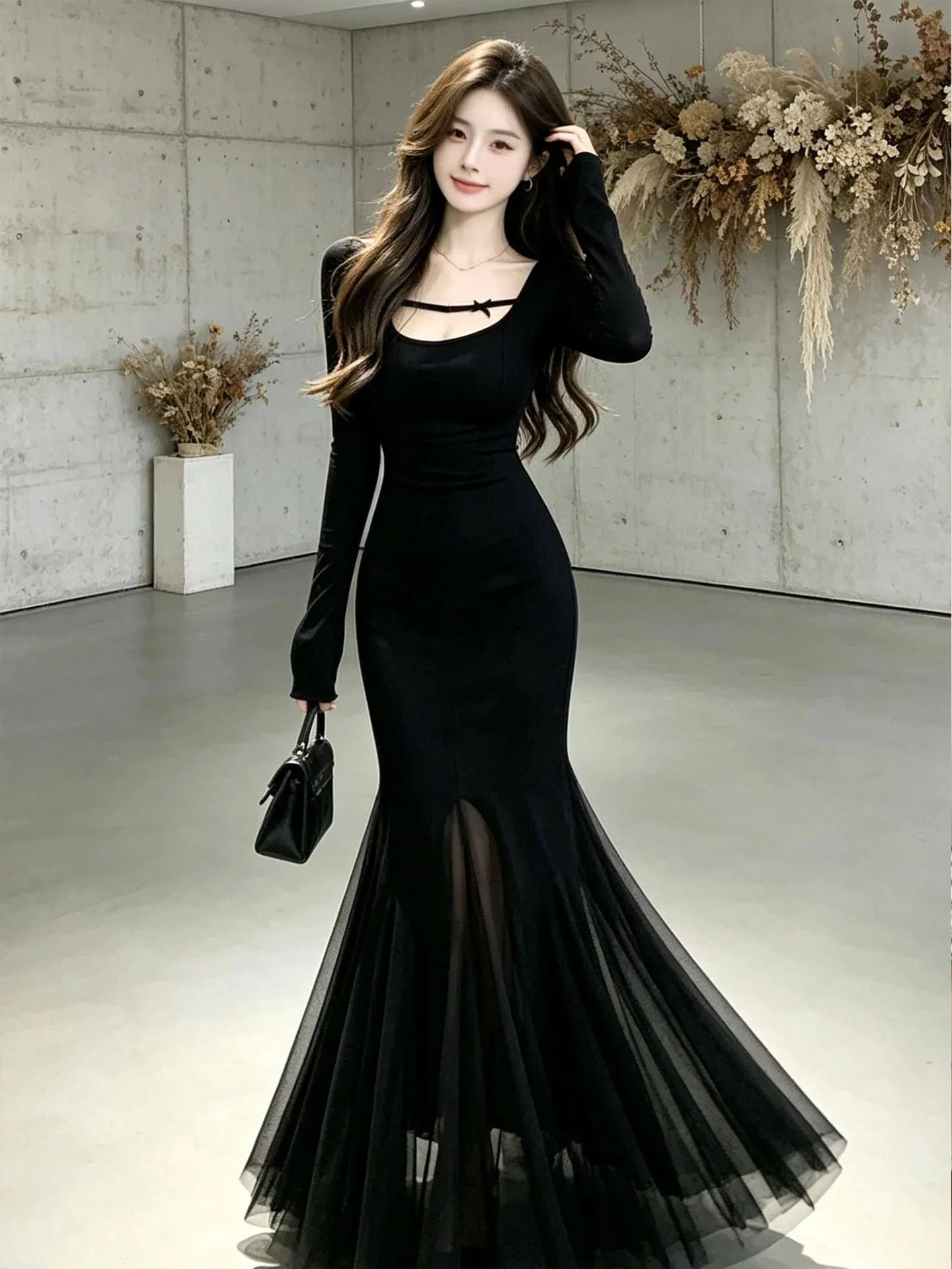 Elegant Long Sleeve Fish Tail Dress Women's High Waist Mesh Skirted Bodycon Autumn Winter New Style French Style Fashion Dress