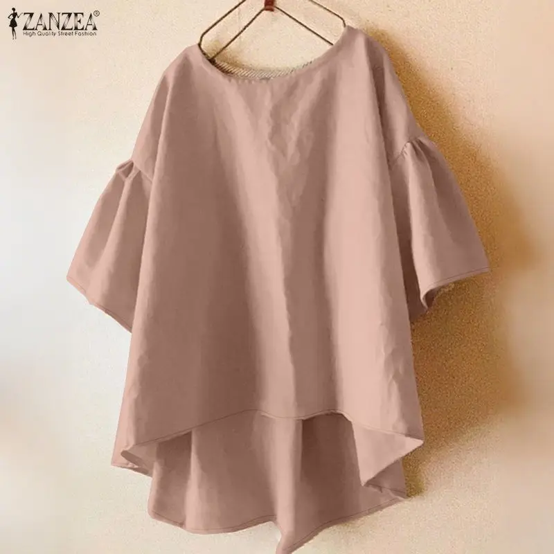 ZANZEA Damen Minimalistische High-Low-Blusen mit O-Ausschnitt und 3/4-ärmeligen ausgestellten Ärmeln, einfarbige Oberteile, 2026 Sommer, Alltag, Freizeit, Blusas de Mujer