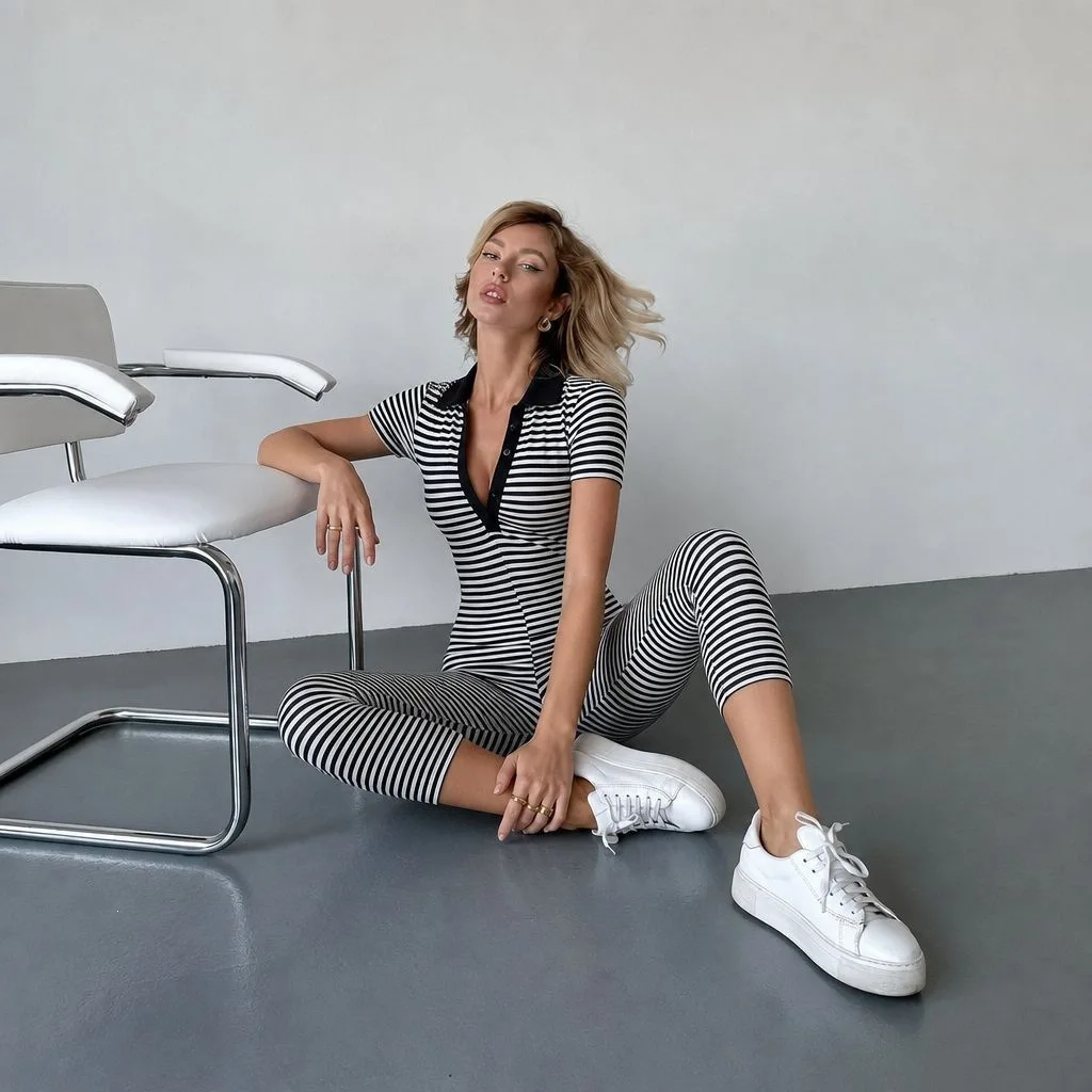 Zekye America Foreign Trade Summer New Spice Girl Style Striped Printed Jumpsuit Women's Lapel Short-sleeved Tight Cropped Pants