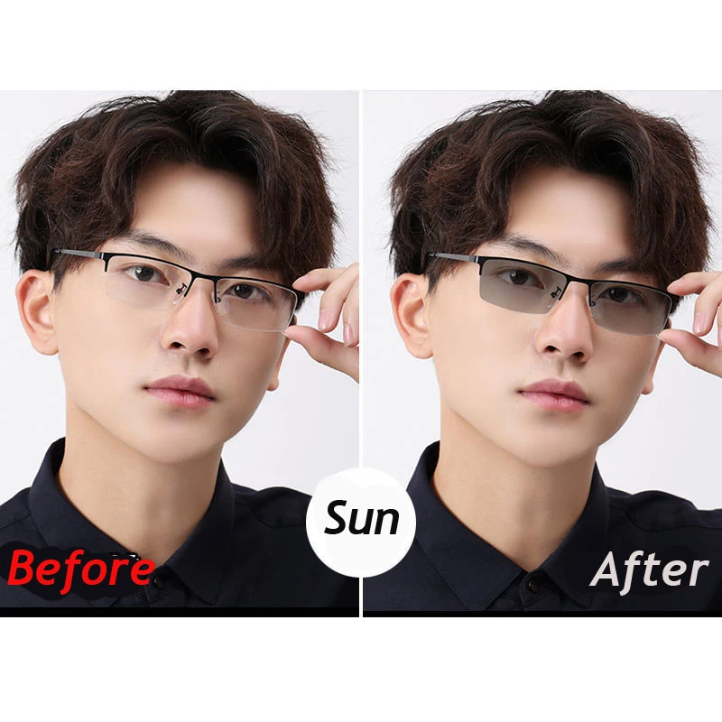 Vintage Business Half Frame Photochromic Myopia Glasses Metal Near Sight Eyeglasses Finished Minus Eyewear Diopter 0 To -6.0