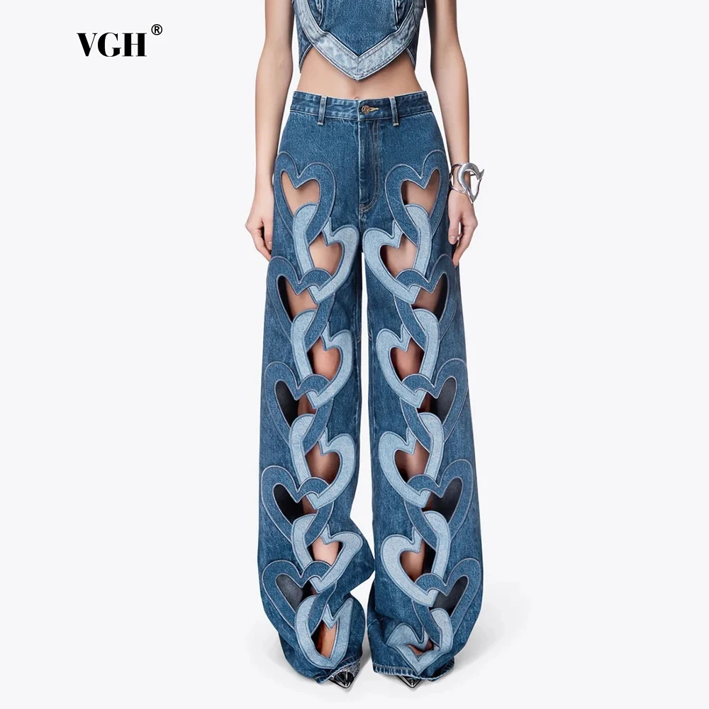 VGH Chic Heart Hollow Out Denim Trousers For Women High Waist Patchwork Button Streetwear Loose Straight Pants Female Fashion