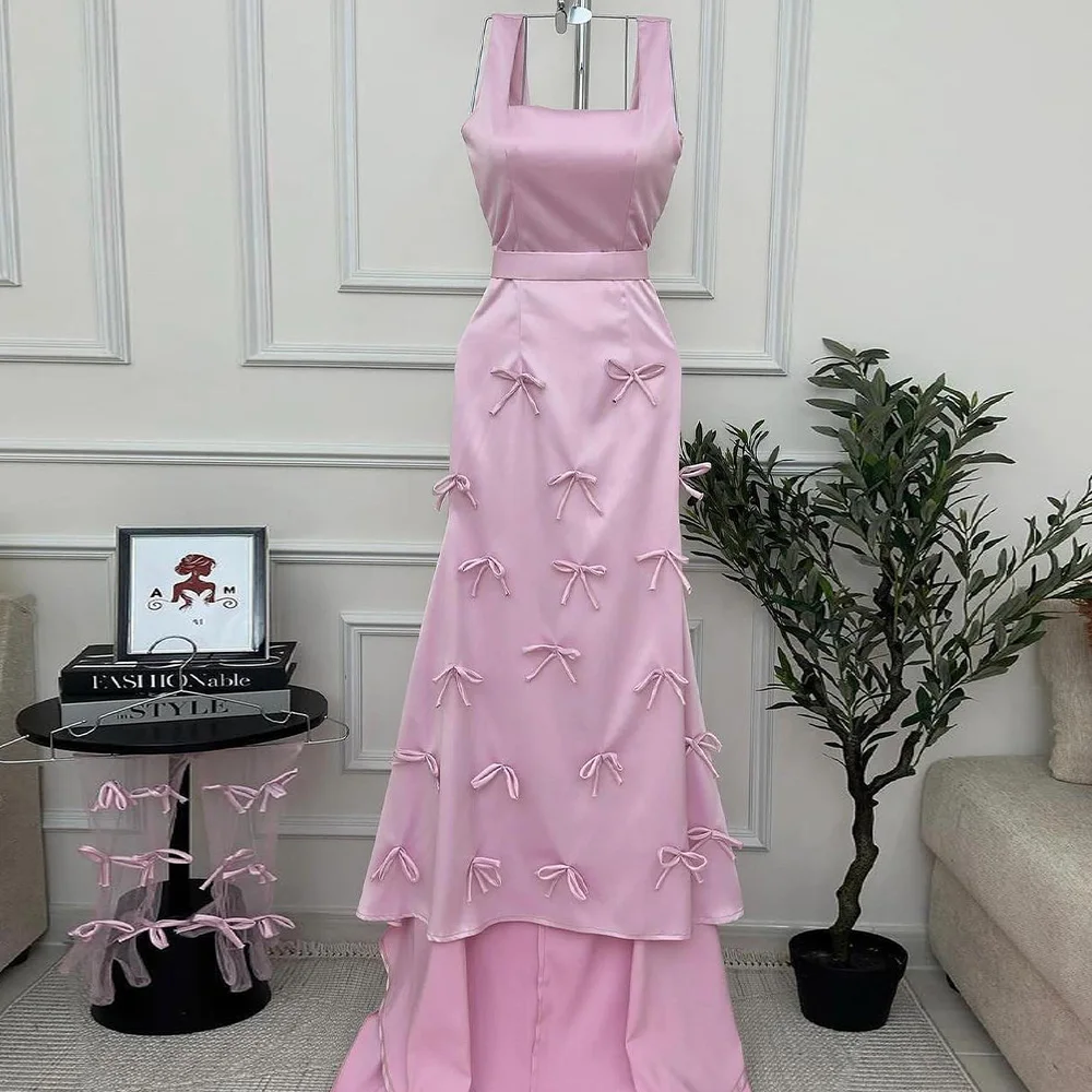 

A-Line Square Neck Satin Spaghetti Straps Sleeveless Photo Color Graceful and Temperament Party Gowns Watteau Train Bow Pleats