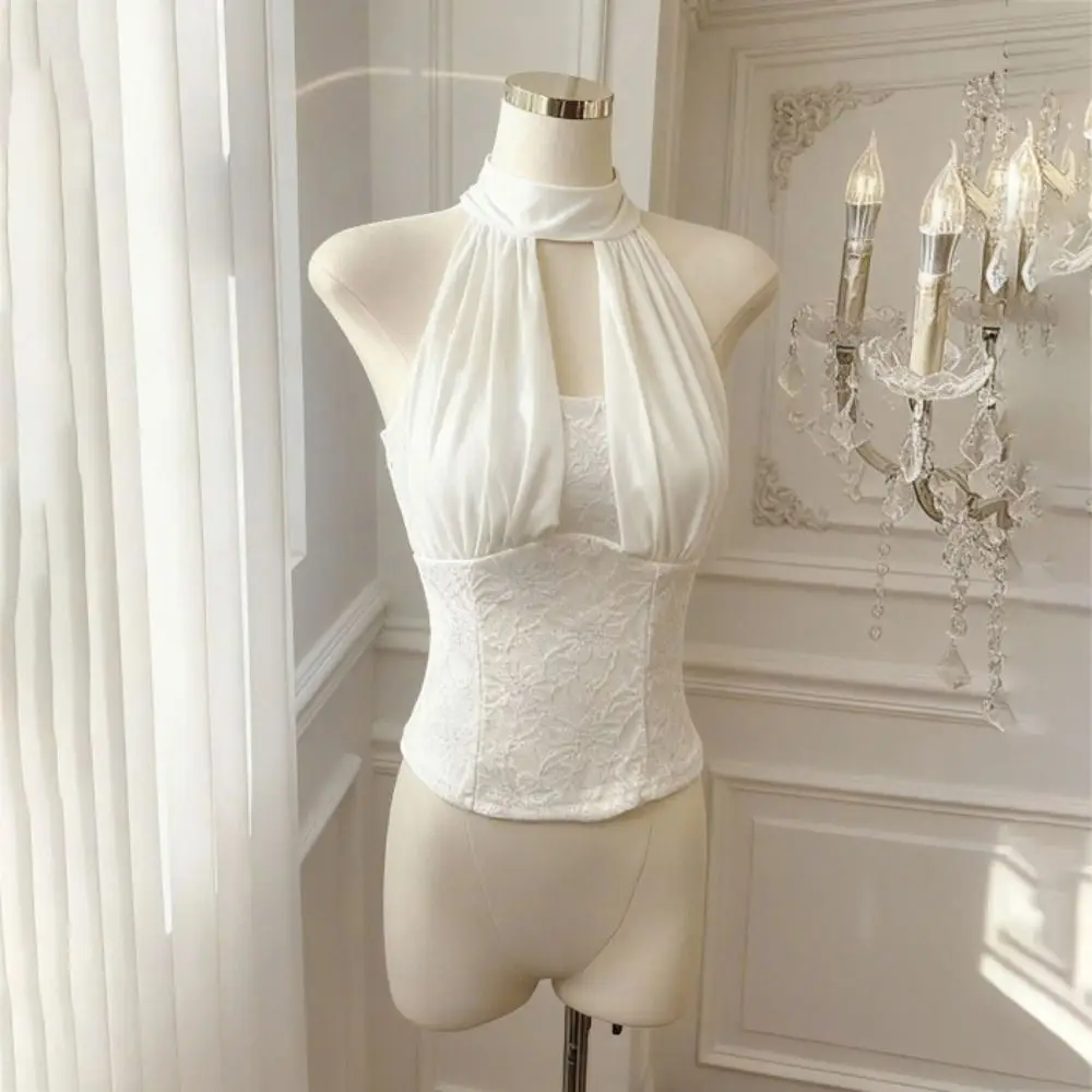 Fashion Sleeveless Lace-up Camisole Pleated Halter Lace Vest Tops Solid Color Beach Wear Women's Crop Top Beach