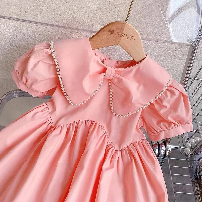 Girls Summer Pink Princess Dress 2024 Summer New Korean Edition Children\'s Fashionable Pearl Doll Neck Dress