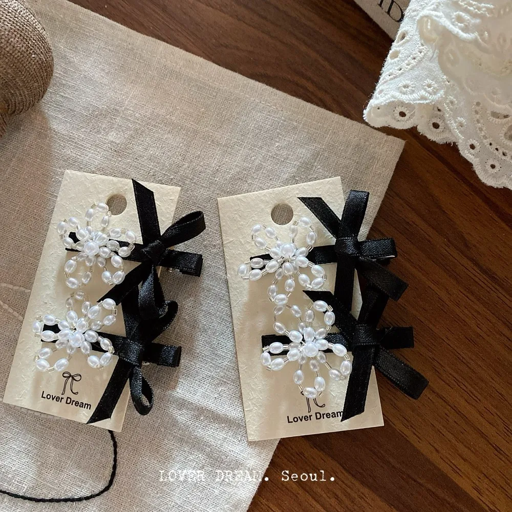 Black White Pearl Flower Hair Claw Clip Set for Women Classic Elegant Tweed Style Hair Accessory Premium Lightweight