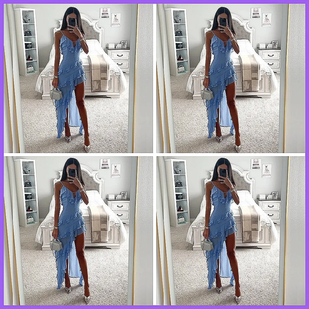 

Elegant V-Neck Ruffle Split Party Dress for Women, Sexy Sleeveless Holiday Beach Dress