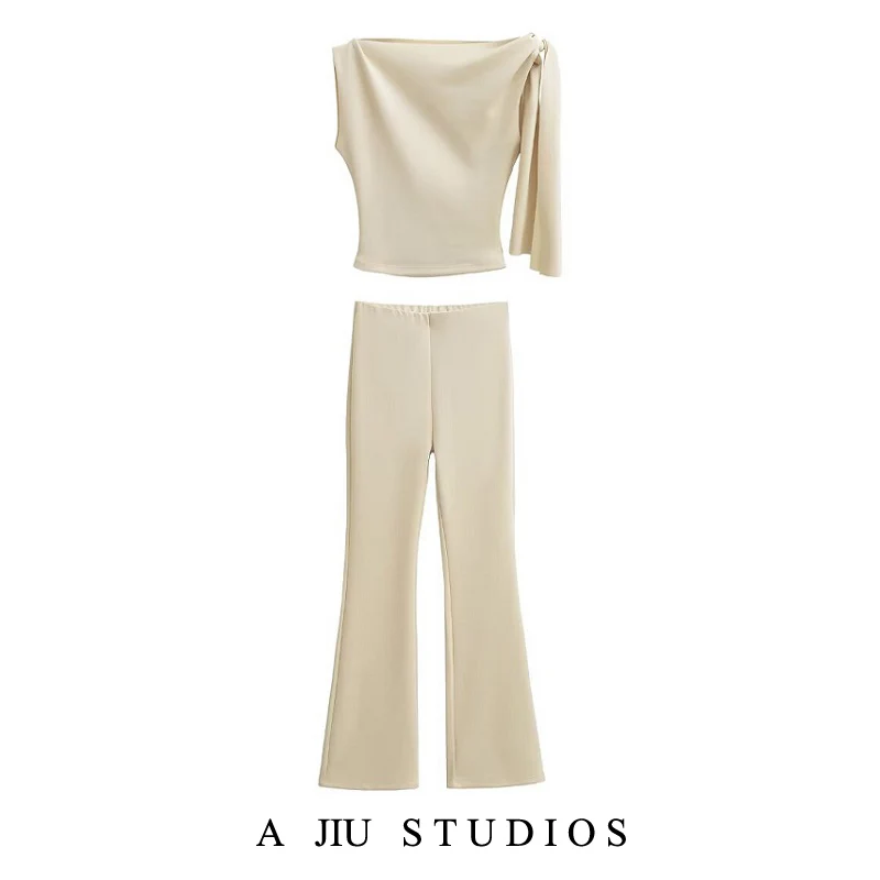 Feminino ort sve colheita superior com cinto faion conjunto calças de perna larga calças compridas primavera 2025 temporada conjunto de duas peças casual wear