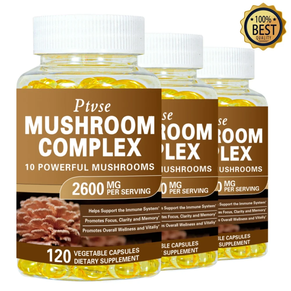 Ptvse Vegan Mushroom Complex Capsules with Lions Mane, Chaga, Reishi, Cordyceps For Men & Women Mood & Stress Dietary Supplement