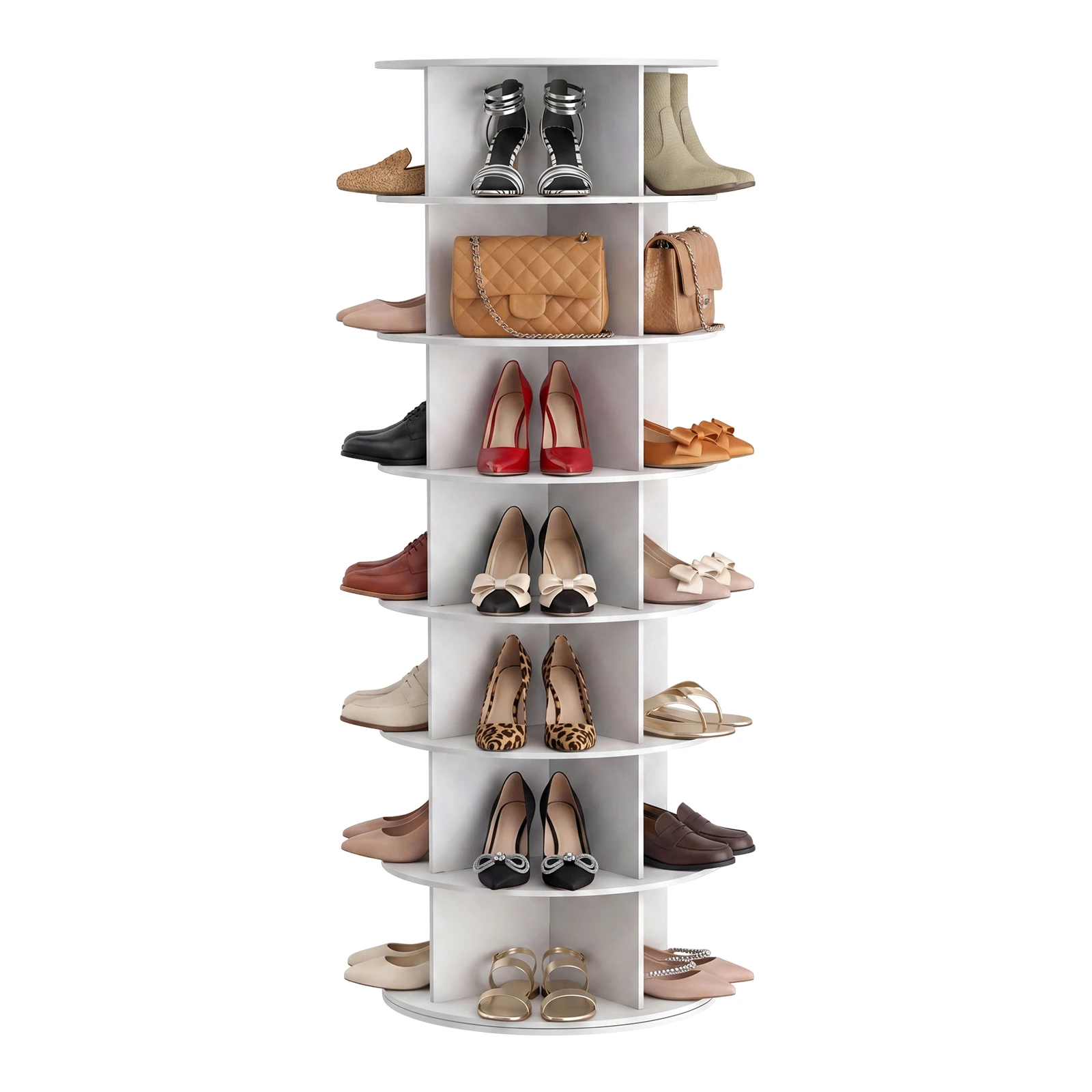 

7 Tier Rotating Shoe Rack Tower, 360° Spinning Shoe Rack Lazy Susan, Purse Shelf Display Carousel, Saving Shoe Storage Stand, White