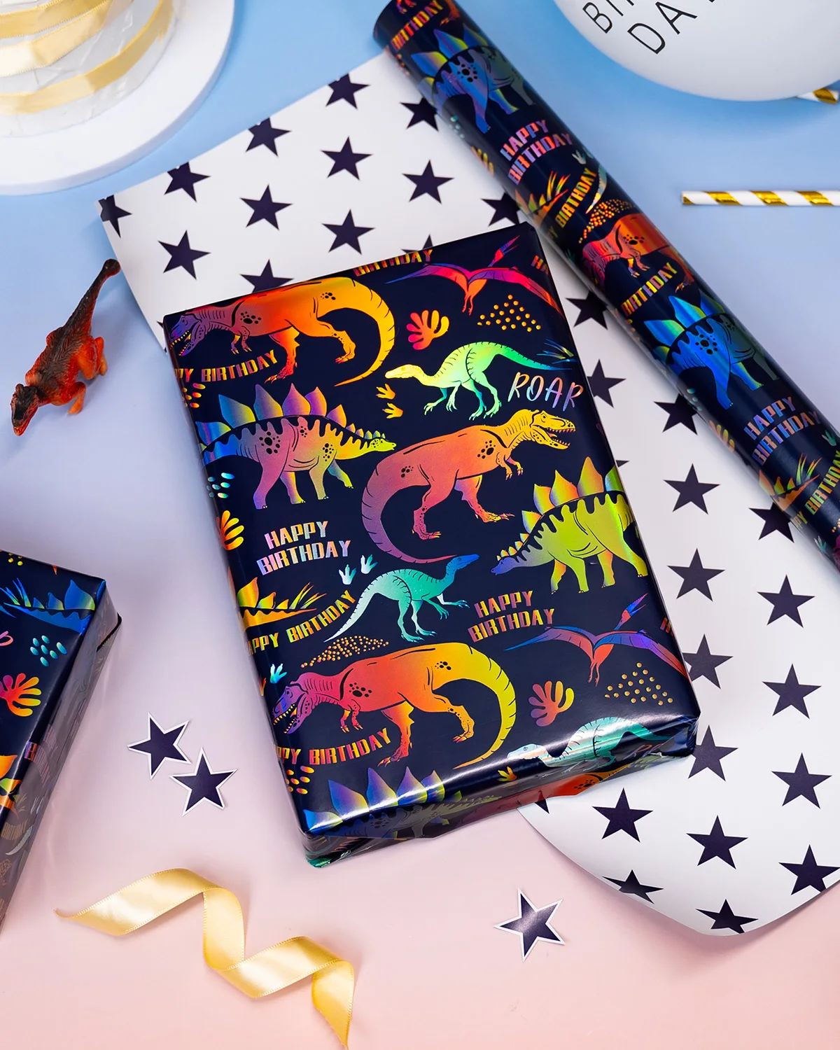 Dinosaur Birthday Wrapping Paper 43cm x 10m - Reversible Blue Stars Gift Wrap Paper Roll for Kids Boys,Baby Shower, Fathers Day view 2