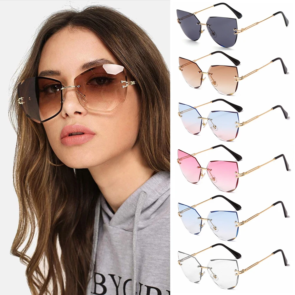 Gradient Frameless Eyeglasses UV400 Shades Cat Eye Sunglasses Rimless Women Metal Sunglasses