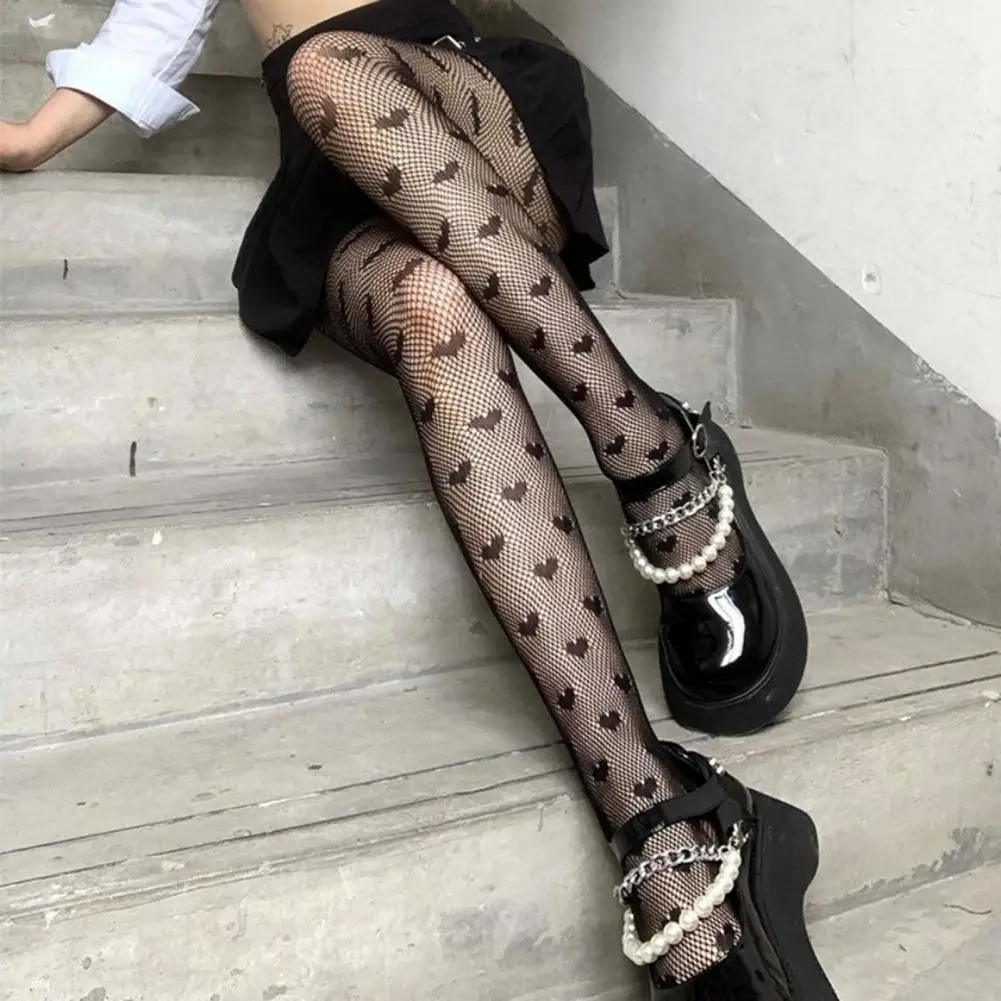 

Silk Stockings Hollow Out See-through High-Waist Thin Women Pantyhose Sexy Heart Pattern Fishing Net Stockings Meias Pretas